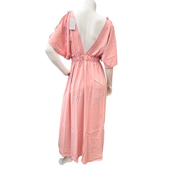 DEEPSELF Women Summer V Neck Cold Shoulder Short Sleeve Maxi Dress High Waist S - Picture 5 of 10